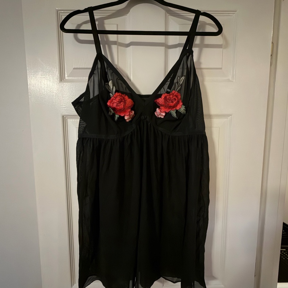 Torrid Black Chemise Lingerie with Red Rose Accents